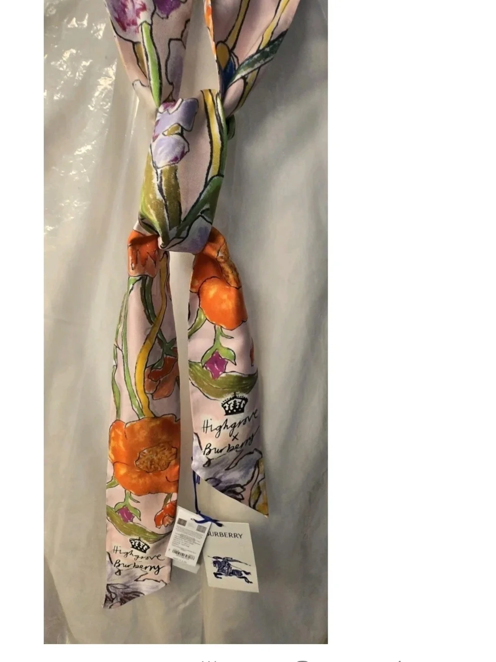 Burberry Skinny Silk Cascading Flowers Scarf Light Pink NWT